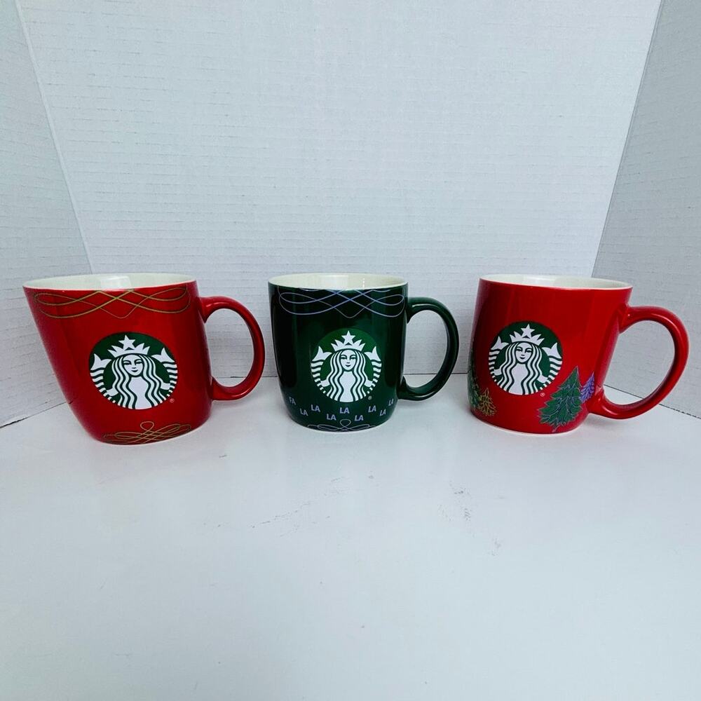 Starbucks 2020 Holiday Christmas Tree Coffee Mugs (3) Green &Red Siren Logo 18oz